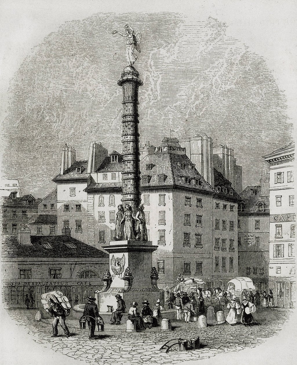 Paris, Paris. Vattenförsäljare framför fontänen på Place Chatelet (gravyr) av Artist Unknown