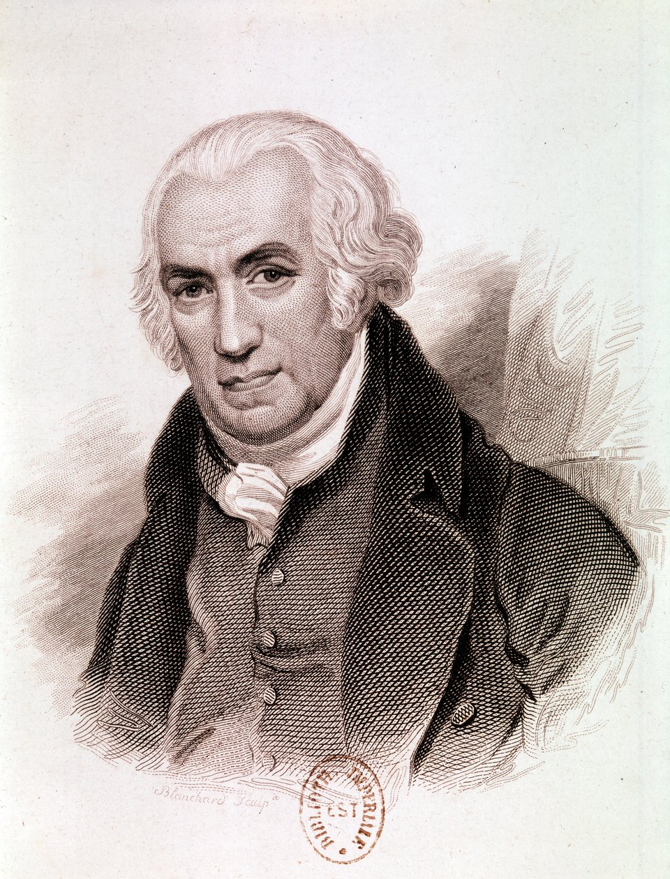 Porträtt av James Watt, skotsk uppfinnare, maskiningenjör och kemist (etsning) av Artist Unknown