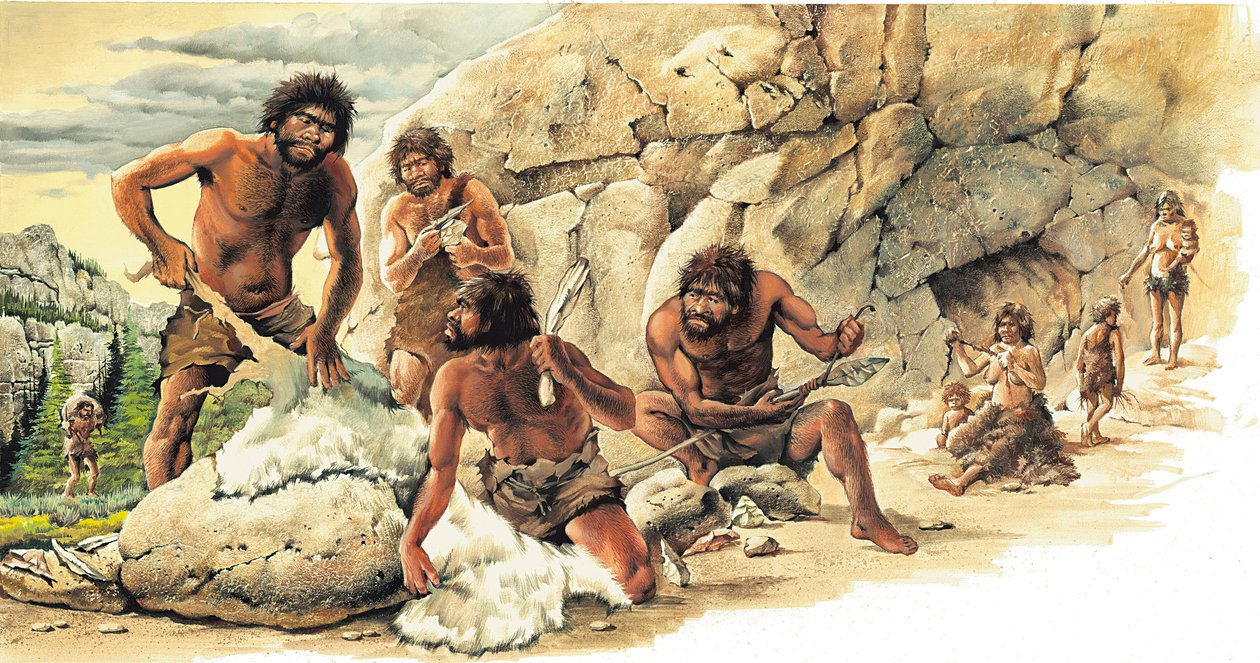 Förhistoria Paleolitisk period: Jägare använder huden från dödade betar och tillverkar verktyg och vapen (spjut). av Artist Unknown