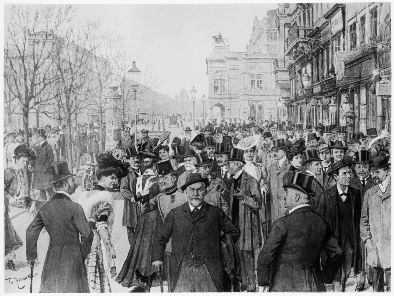 Ringvägsparad i Wien. tryck baserat på en oljemålning cirka 1900 av Theo Zasche av Artist Unknown