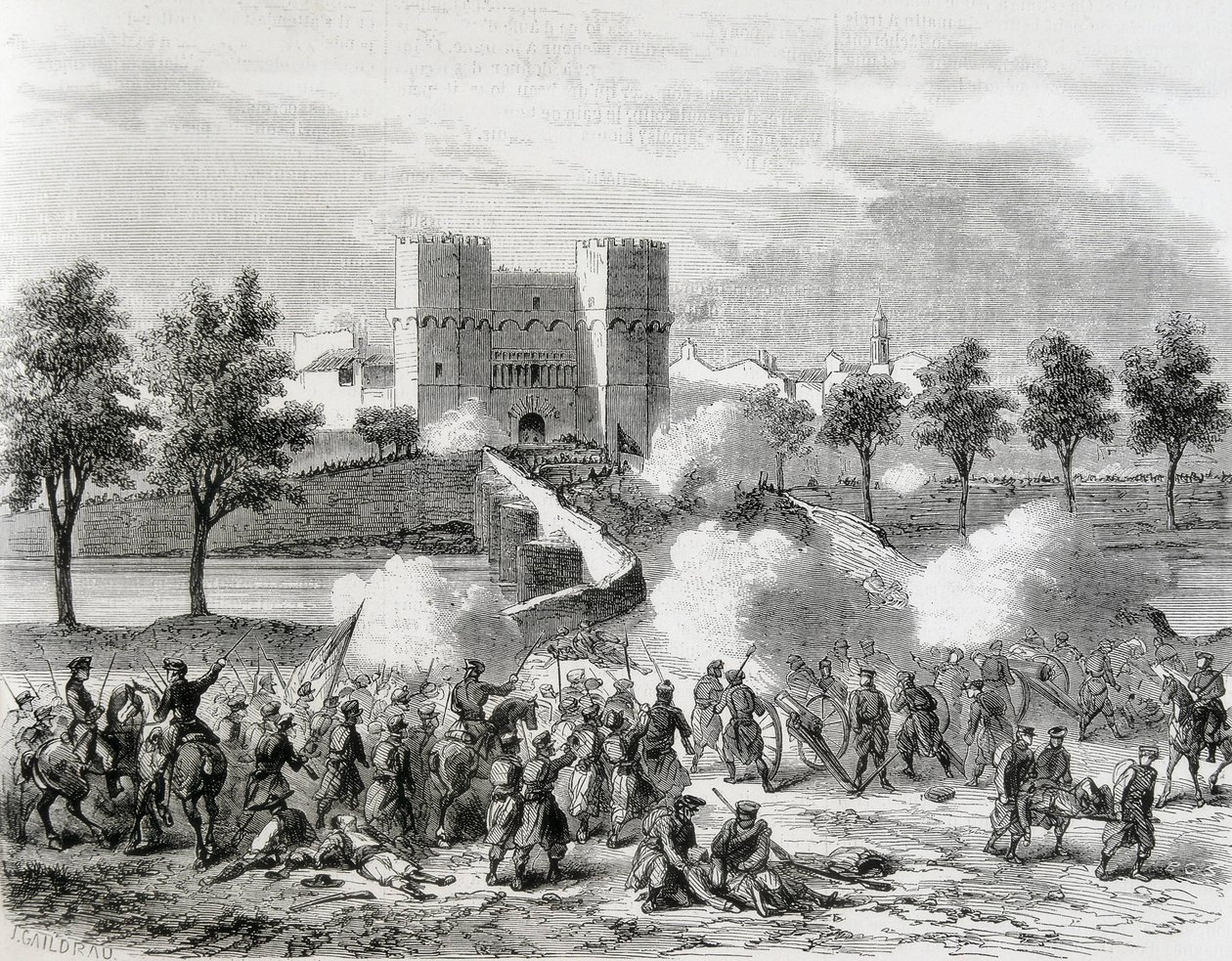 Spanien (1868). Den ärorika revolutionen. Anfall av regeringstrupperna i Serransporten i Valencia. Gravyr från "The Illustration. Jorinal Universal". Etsning av Artist Unknown
