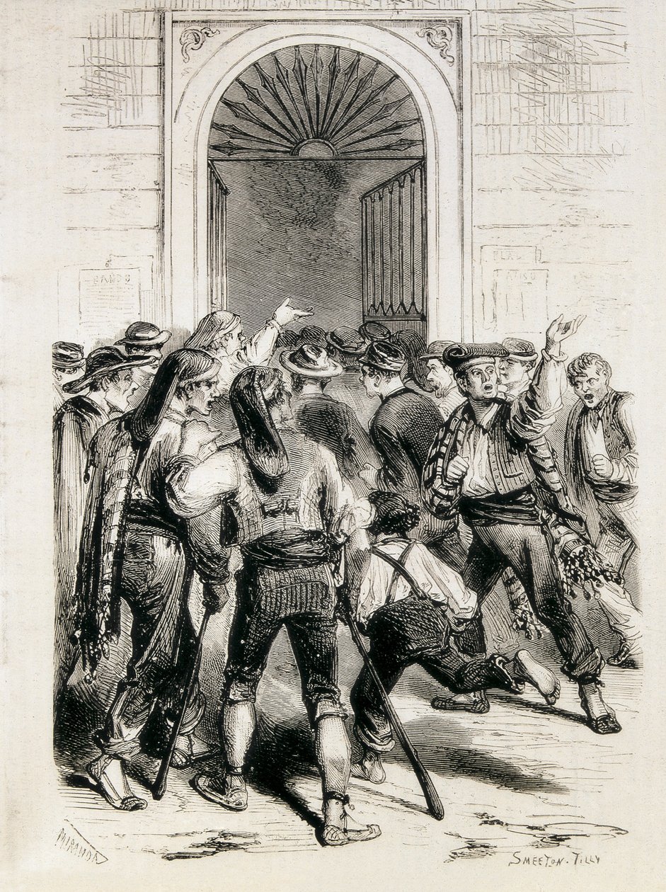Spanien (1873). Utropandet av den första republiken och stormningen av Barcelonas rådhus (11 februari 1873). Etsning. av Artist Unknown