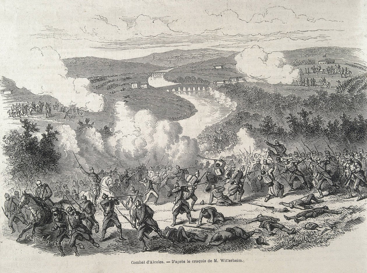 Spanien. Revolutionen 1868. Slaget vid Alcolea (20 september), som kulminerade i att Isabel II avsattes. Gravyr av Artist Unknown