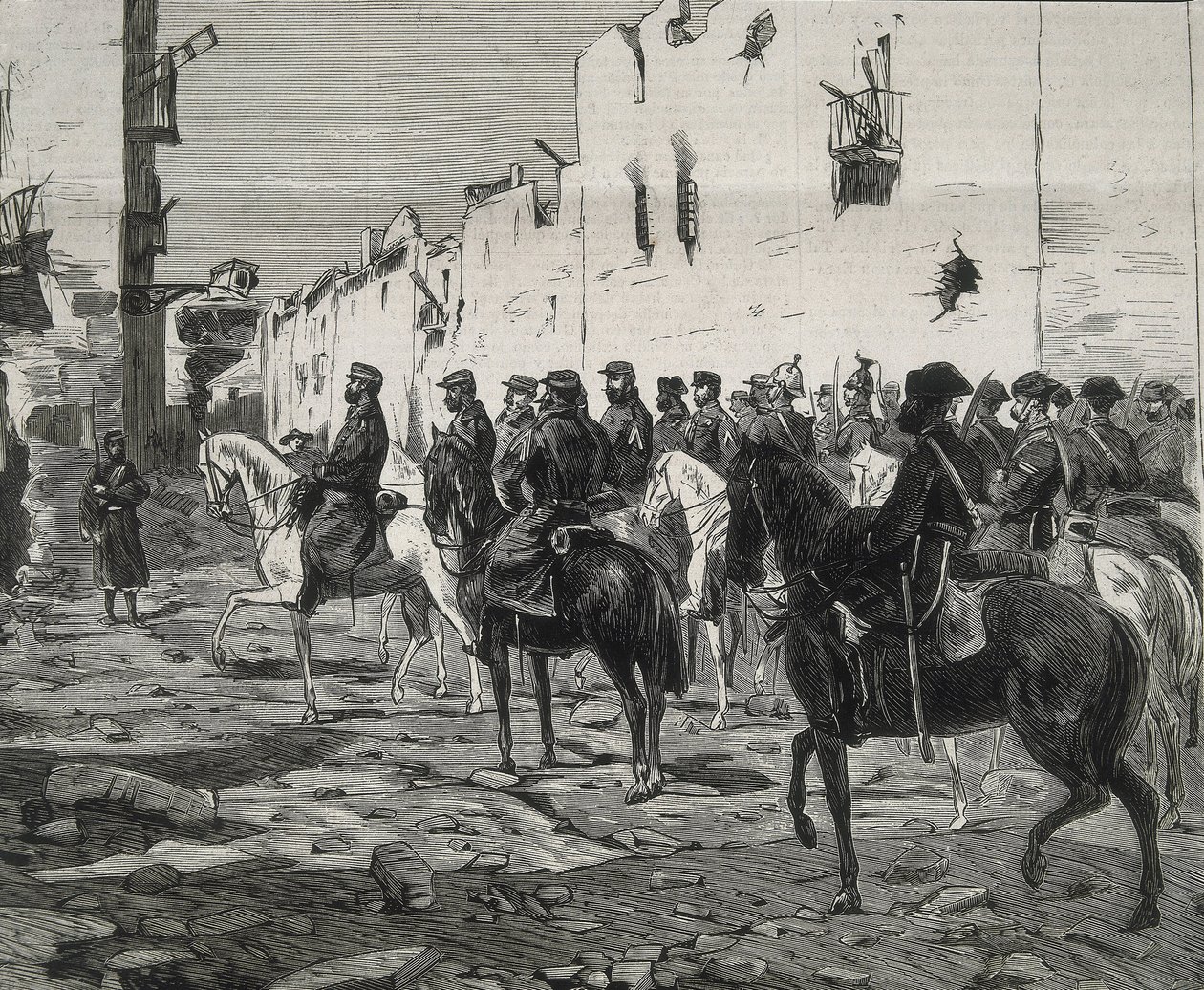 Spanien. Den första republiken (1873-1874). Kantonen Cartagena. Generalen Jose Lopez Dominguez i Cartagena efter kantonalisternas kapitulation. Bilden publicerad i "La Ilustracion Espanola y Americana". Etsning. av Artist Unknown