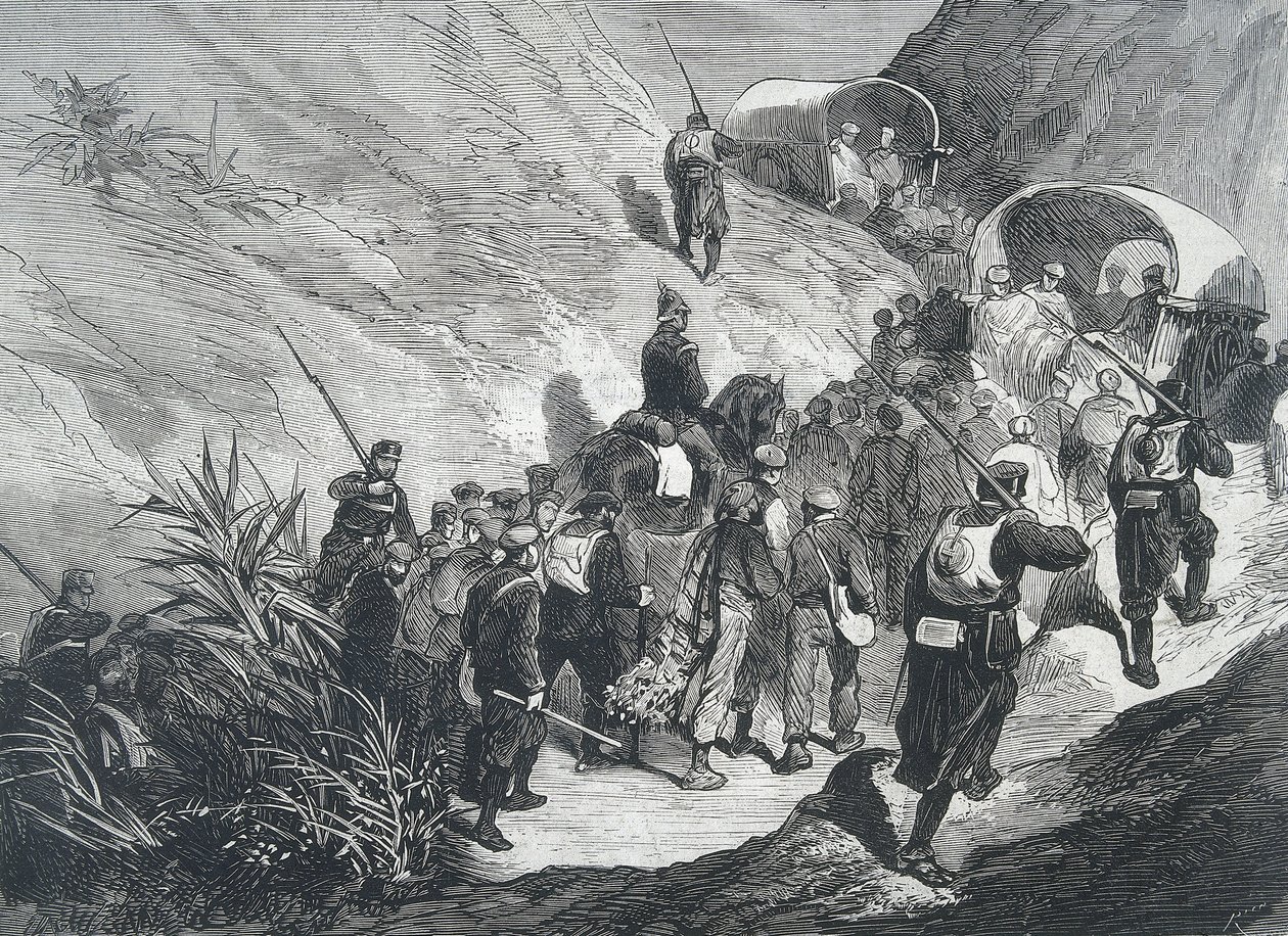 Spanien. Tredje carlistkriget. Carlistfångar går över bergen i Emporda (Katalonien). Gravyr. av Artist Unknown