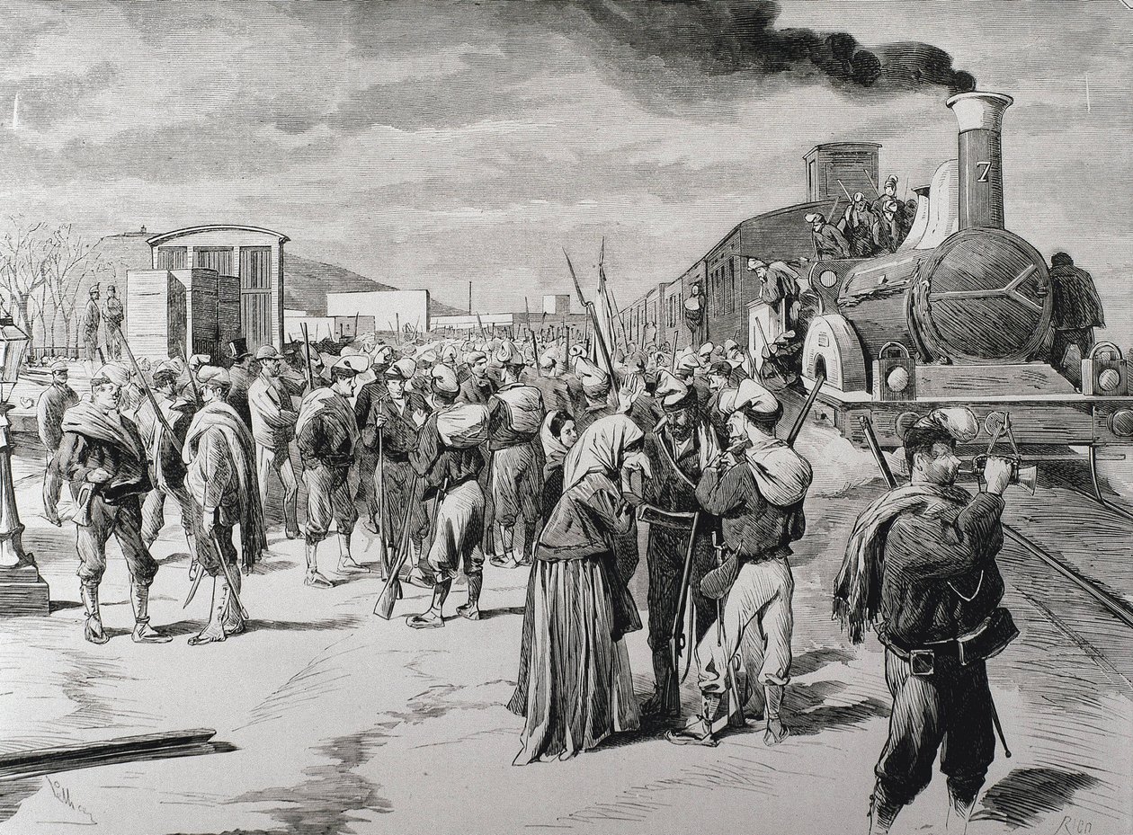Spanien. Tredje carlistkriget. Avmarsch av en frikårsbataljon mot carlisterna från Barcelona. Bild ur "La Ilustracion espanola y americana" (8 april 1873). Gravyr av Artist Unknown