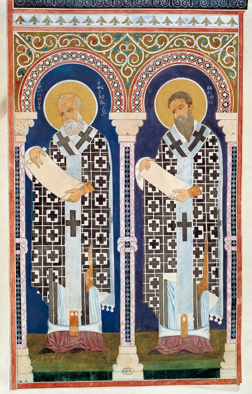 S:t Gregorius av Nyssa och S:t Basilius, den grekisk-ortodoxa kyrkans fäder, gravyr, 400-talet av Artist Unknown