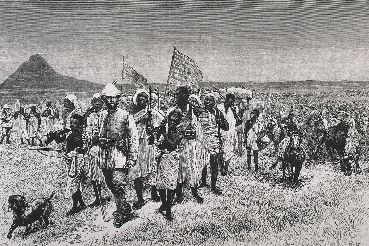 Stanley, Sir Henry Morton (1841-1904). "Through the Ounyoro", illustration till den franska utgåvan av verket "Through the Dark Continent". Etsning. FRANKRIKE. ILE-DE-FRANCE. Paris, Frankrike. Biblioteket för dekorativ konst av Artist Unknown