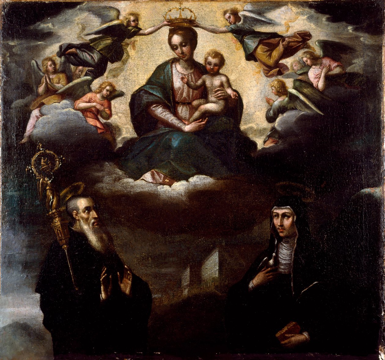 Jungfrun har barnet med Sankt Benedictus av Nursie och hennes syster Sainte Scolastique (skolastiker), grundare av benediktinerorden Anonym målning. Klostret Monte Cassino, Italien av Artist Unknown