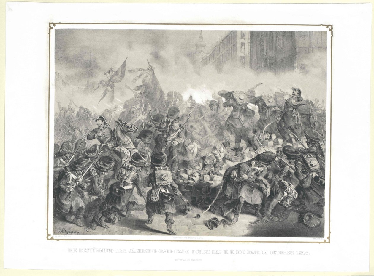 K. K.-militärens angrepp på Jaegerzeil-barrikaden i oktober 1848 av Artist Unknown