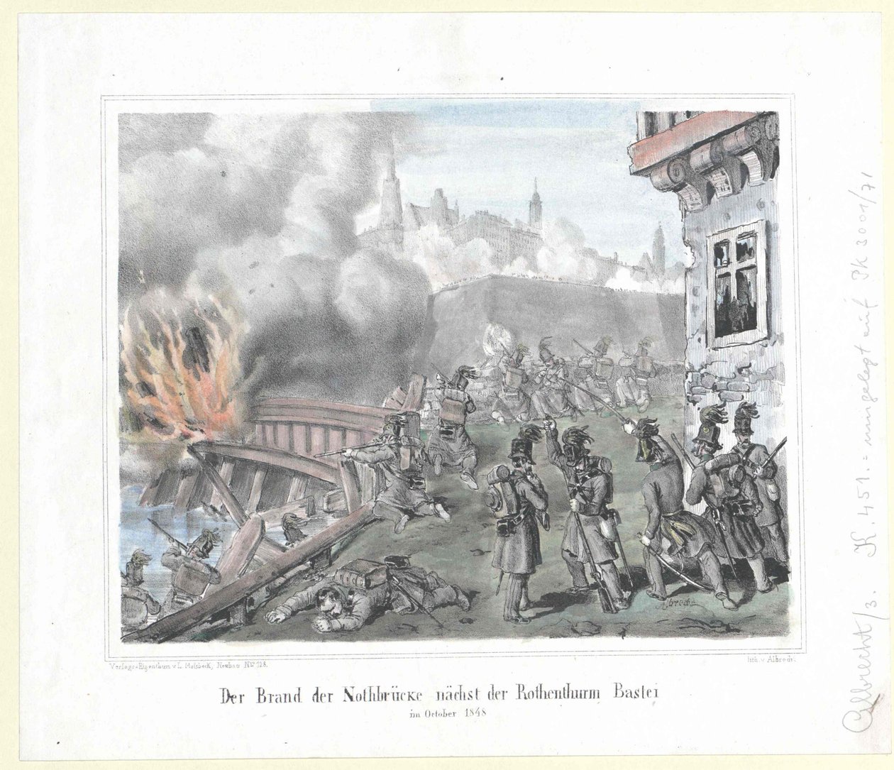 Branden i Nothbruecke nära Rothenthurm-bastionen i oktober 1848 av Artist Unknown
