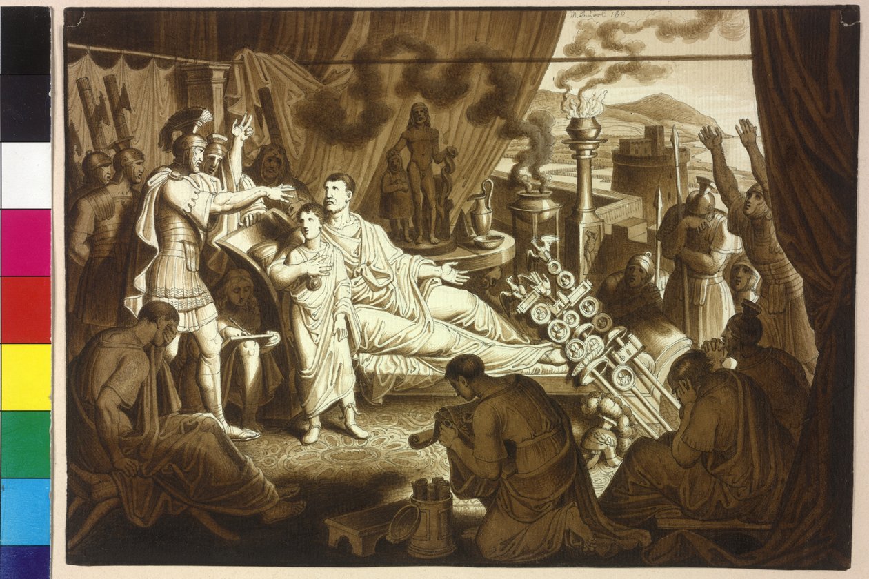 Den döende kvinnliga kejsaren Mark Aurel råder Pertinax att hans son Commodus av Artist Unknown