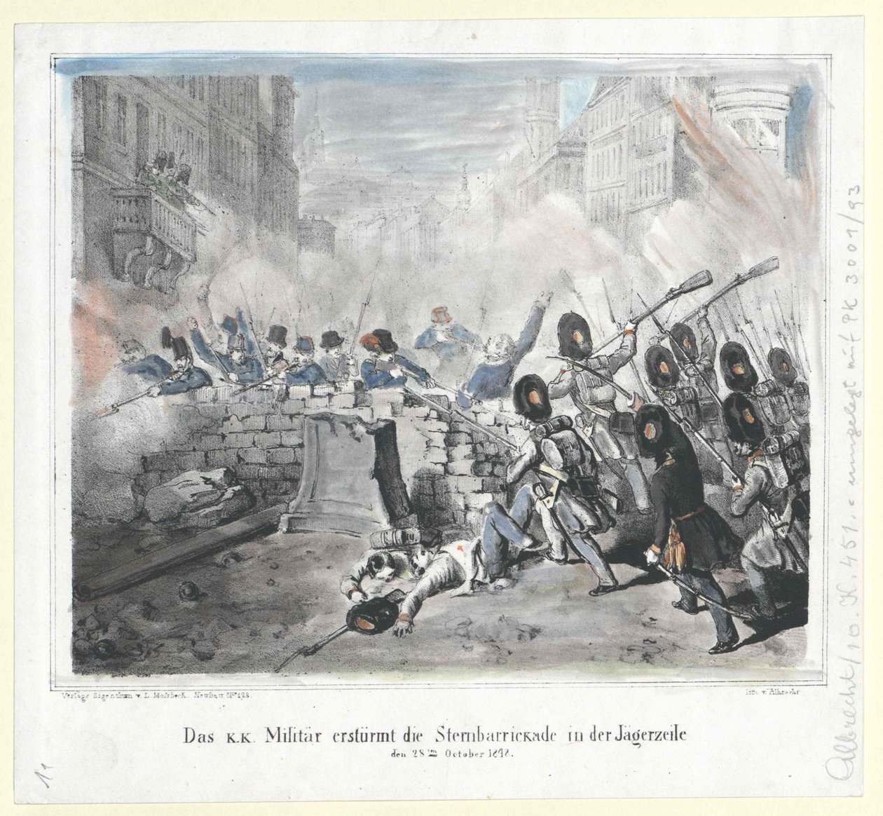 Den k. k. militären stormar Sternbarrickade i Jaegerzeile den 28 oktober 1848 av Artist Unknown
