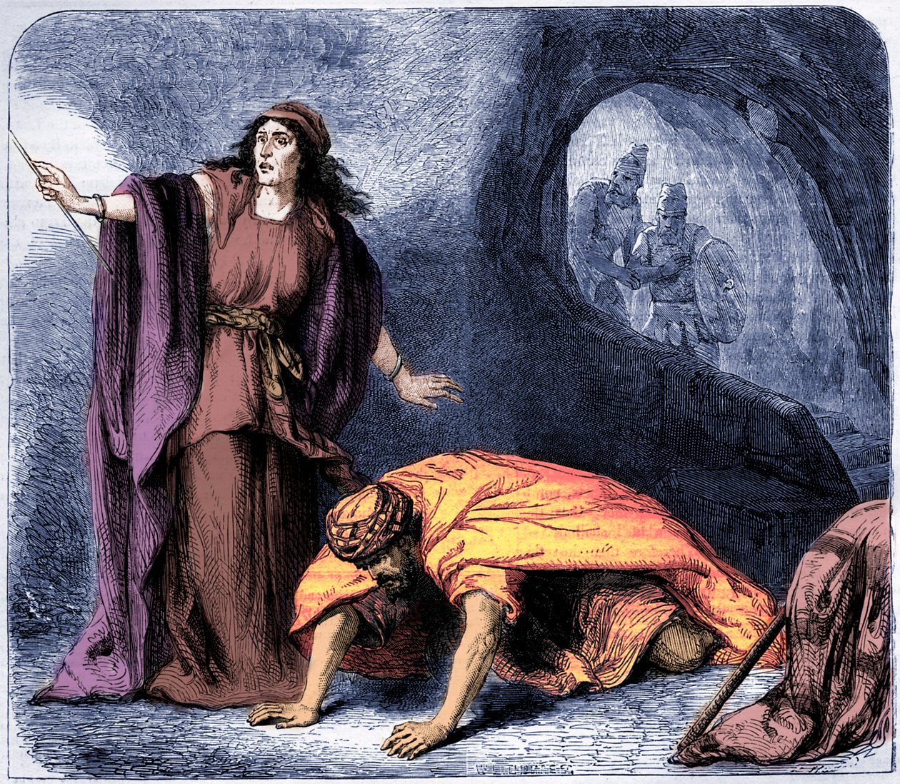 Samuel uppfostras av häxan från Endor -Bibel (tryck) av Artist Unknown