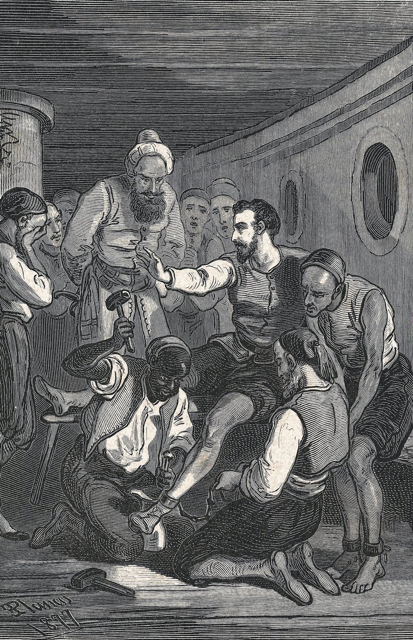 Trinidadborna Fray Juan Gil och Fray Anton de la Bella befriade Cervantes från fångenskapen i Alger 1580 (gravyr) av Artist Unknown