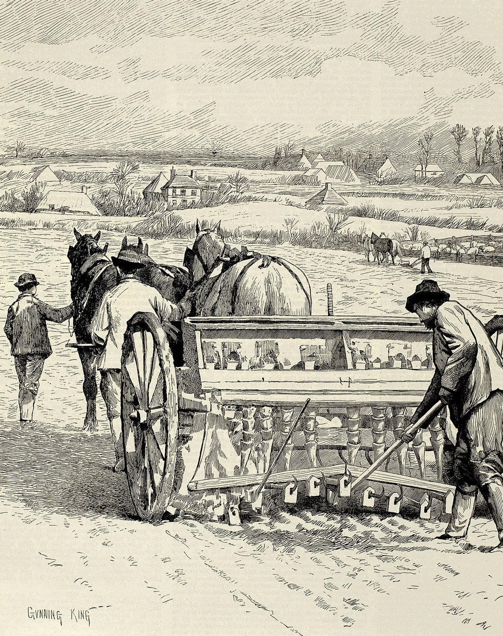 FÖRENADE KUNGARIKET. ENGLAND. Den industriella revolutionen. Borrmaskin uppfunnen av Jethro Tull. Sådd av korn i februari. Teckning av Gunning King publicerad i "The Illustrated London News". Gravyr. av Artist Unknown