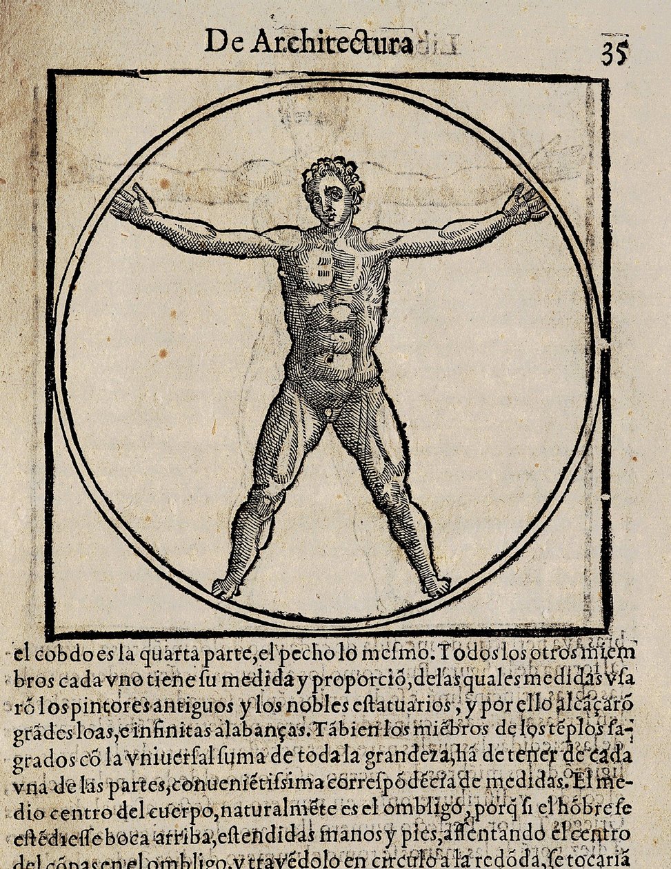 VITRUVIUS, Marcus Vitrubius Pollio (1:a århundradet f.Kr.). "De Architectura" (Om arkitektur), med översättning till spanska av Miguel de Urrea. Redigerad i Alcala de Henares av Juan Gracian (1582). Illustration på sidan 35 med människokroppens kanon. Xylo av Artist Unknown