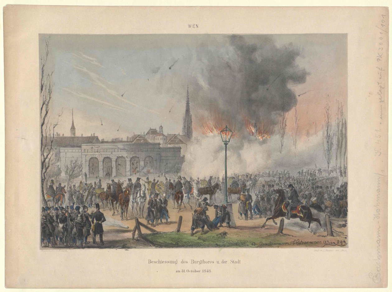 Wien bombardemang av slottsporten och av staden den 31. oktober 1848 av Artist Unknown