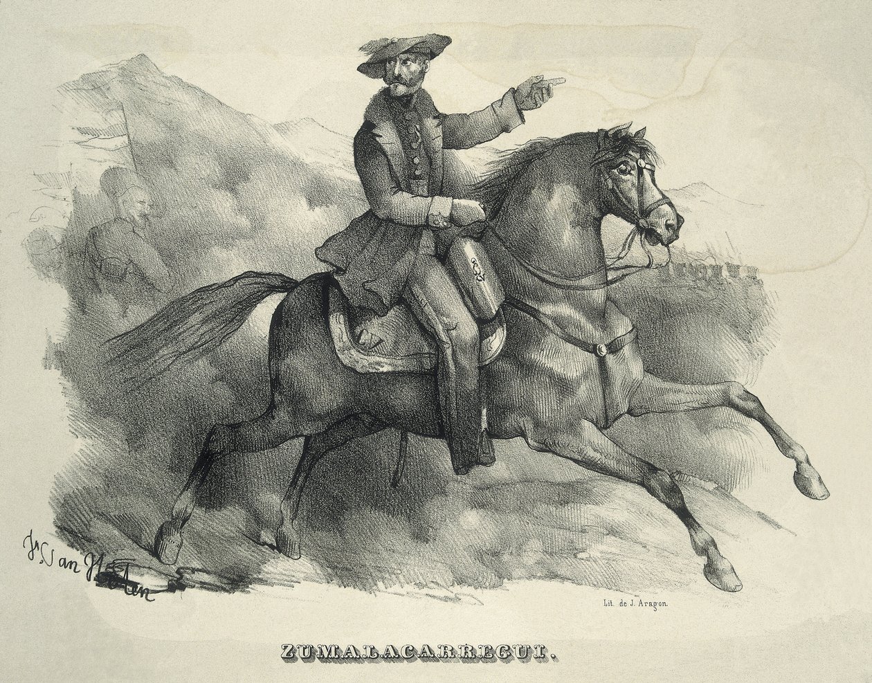 ZUMALACARREGUI, Tomas (1788-1835). Carlistgeneral. Spanien. Första carlistkriget. Zumalacarregui rider på en häst. Gravyr. av Artist Unknown