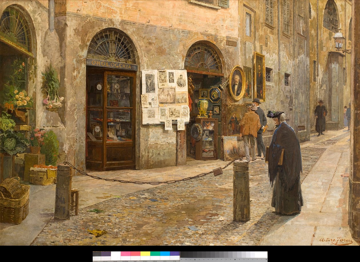 Utsikt över Via San Bernardino i Milano Italien Målning av Arturo Ferrari (1861-1932) 1912 Privat samling av Arturo Ferrari