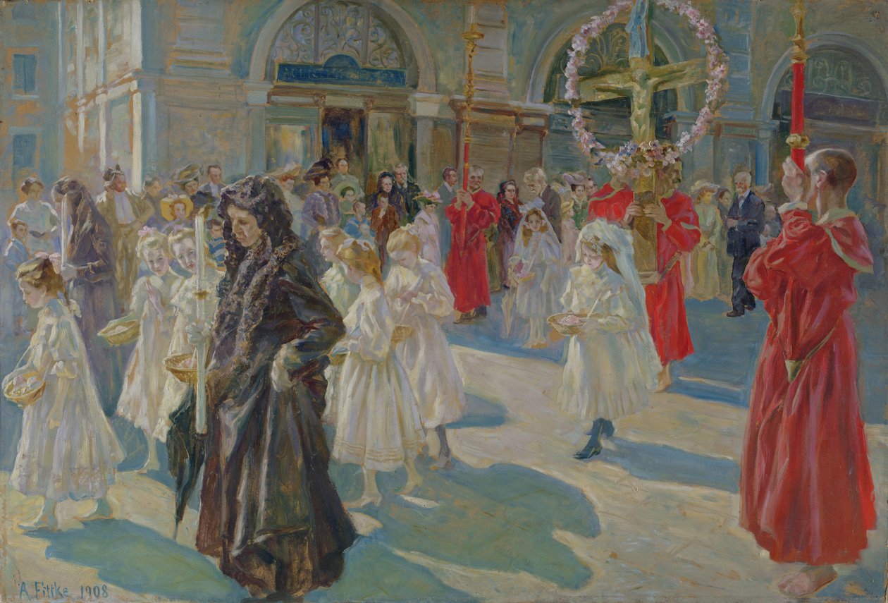Procession av Corpus Christi på Piazza Grande i Trieste, 1908 av Arturo Fittke