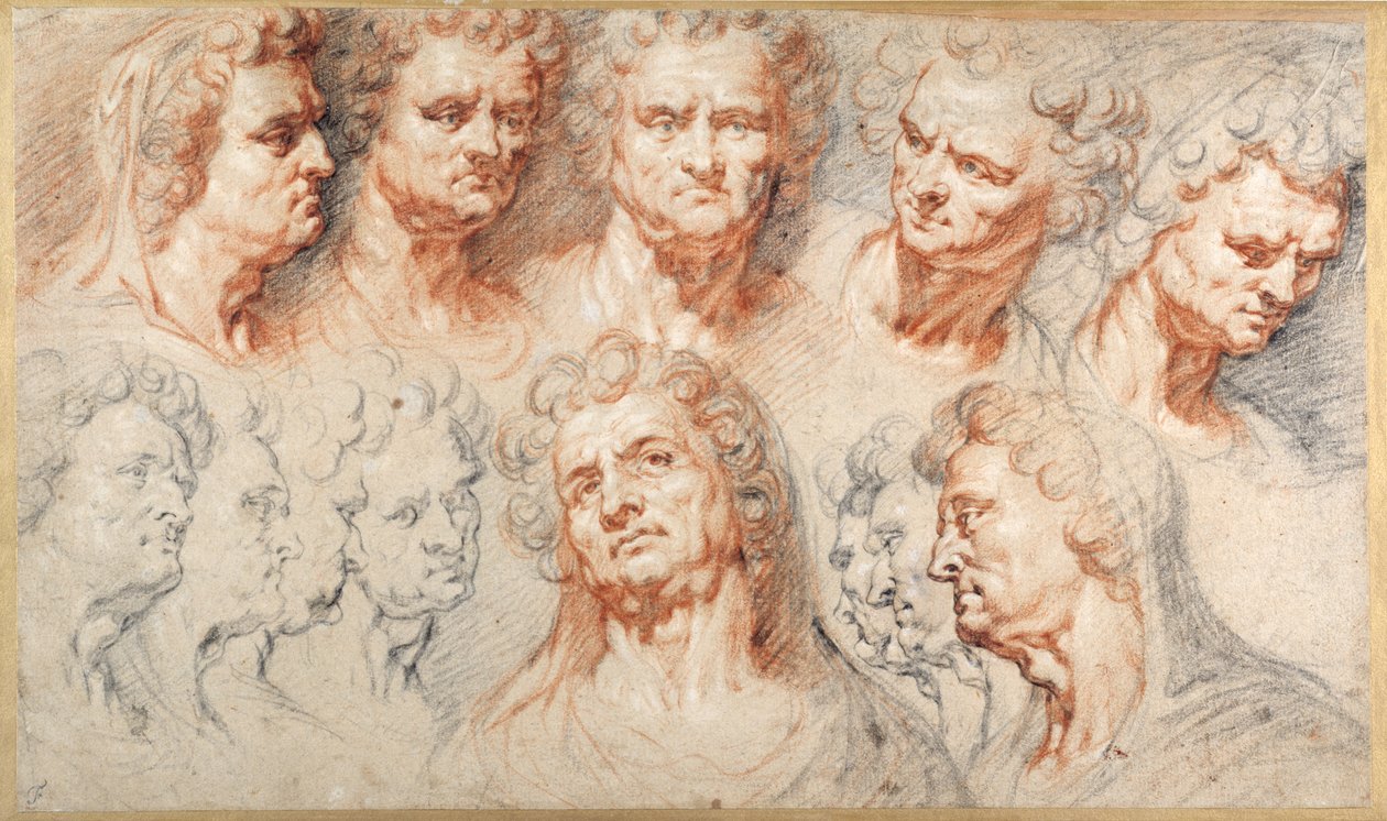 Head Studies (färgade kritor på papper) av Artus I (attr. to) Quellinus