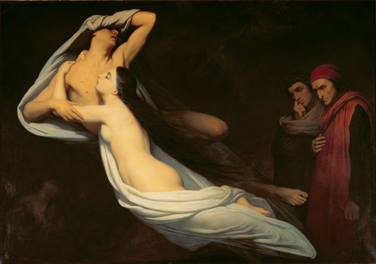 Figurerna av Francesca da Rimini och Paolo da Verrucchio visas för Dante och Vergilius, illustration av Dantes 