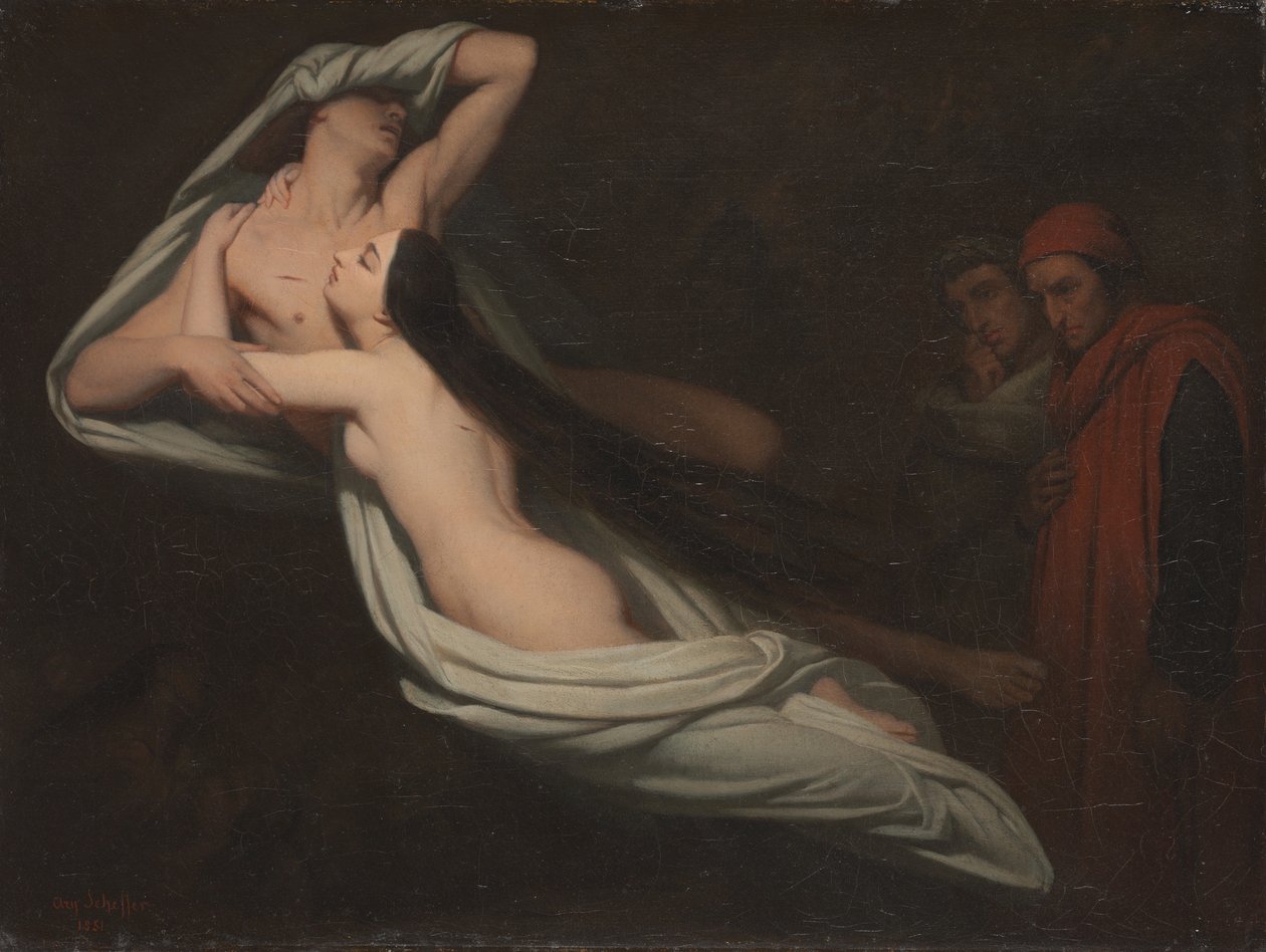 Dante och Virgil möter Francesca da Riminis och Paolos nyanser, 1851 av Ary Scheffer