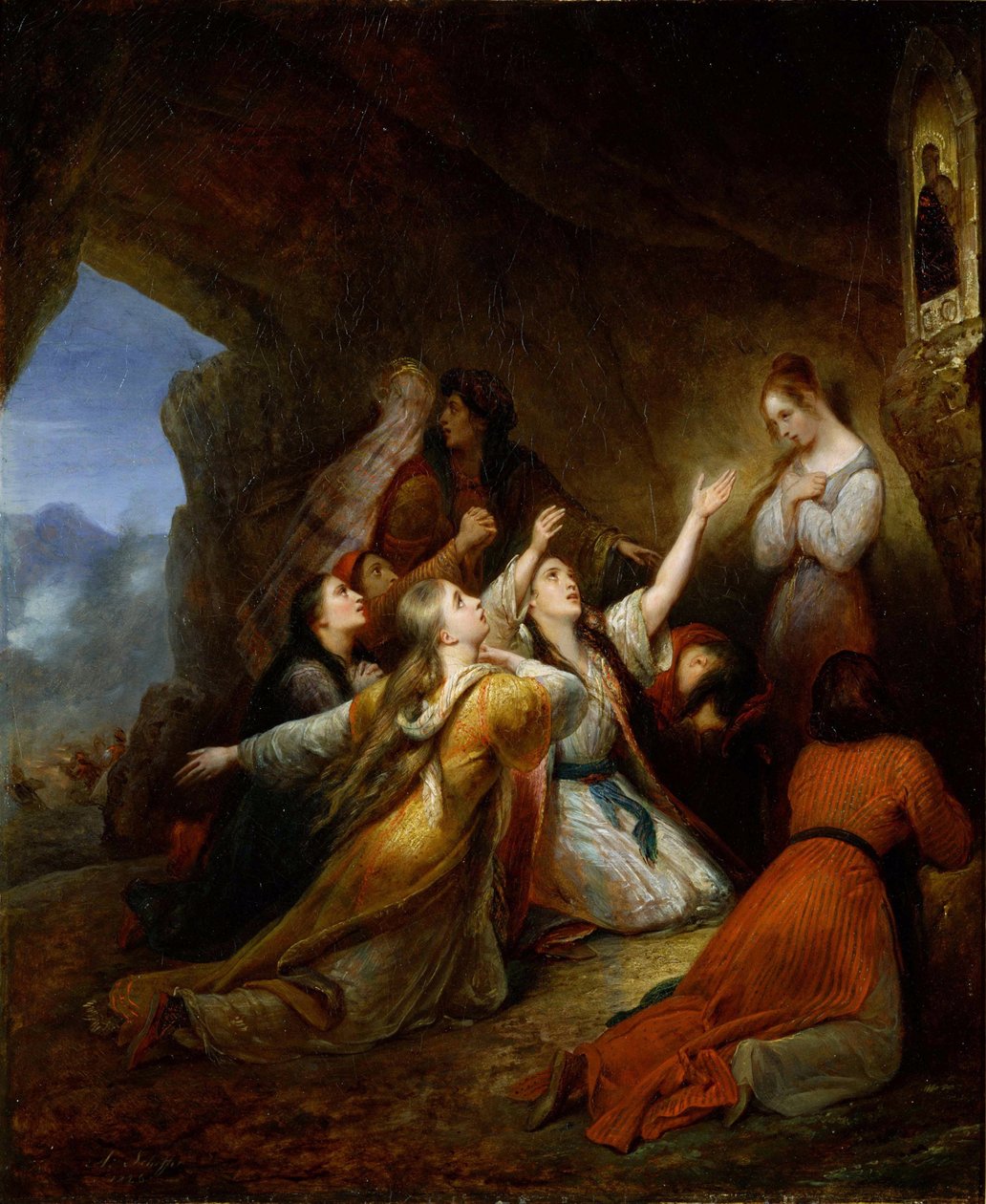 ""Grekiska kvinnor som ber om jungfruns hjälp"" (Grekiska kvinnor som ber om jungfrun av assistans) Målning av Ary Scheffer (1795-1858) 1826 Dim 65x55 cm National Museum of Western Art, Tokyo av Ary Scheffer