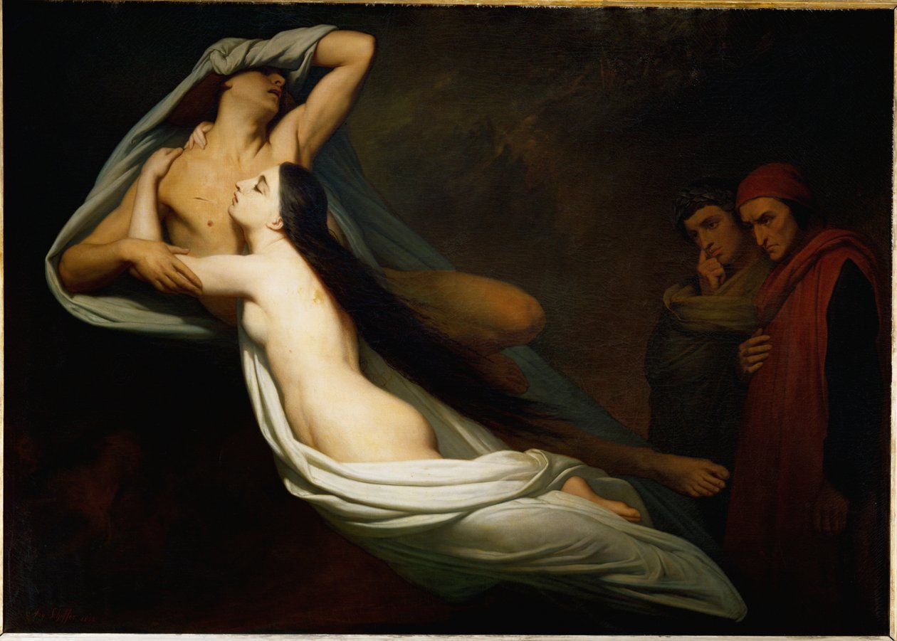 Skuggorna av Francesca da Rimini och Paolo Malatesta framträder för Dante och Vergilius ... av Ary Scheffer