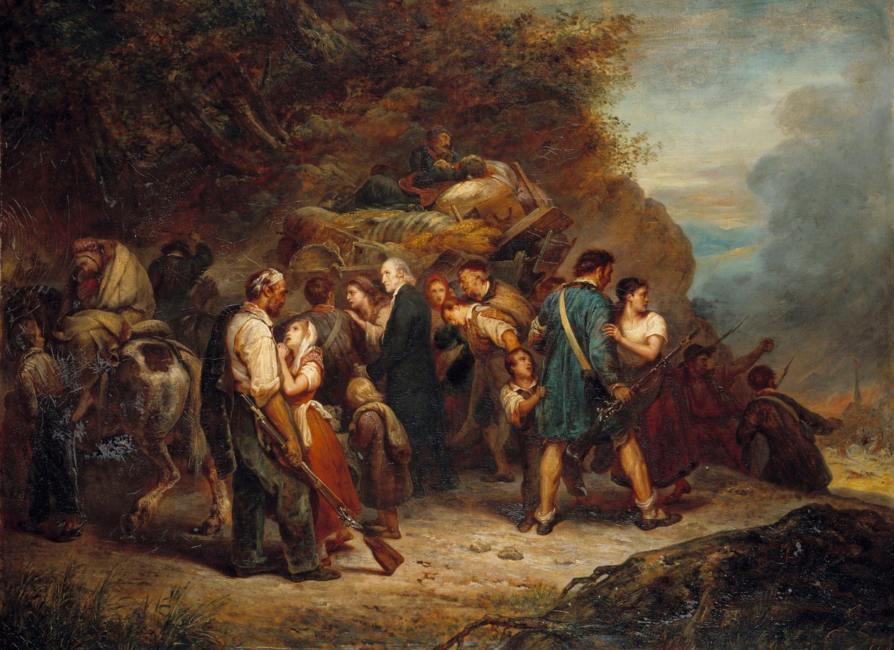 Den alsace protestantiska pastorn Jean Frederic Oberlin (1740-1826) och kalvinisterna i Alsace Lorraine (Alsace-Lorraine) jagades 1814 av ryssarna Målning av Ary Scheffer (1795-1858) 1814 Paris, Musee du Protestantisme av Ary Scheffer
