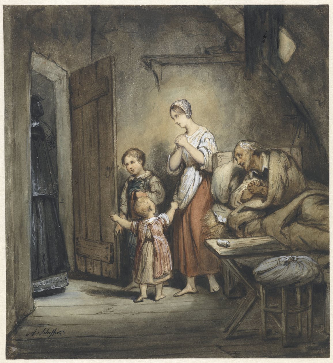 Sjuk man i sängen med fru och två barn bredvid sig av Ary Scheffer