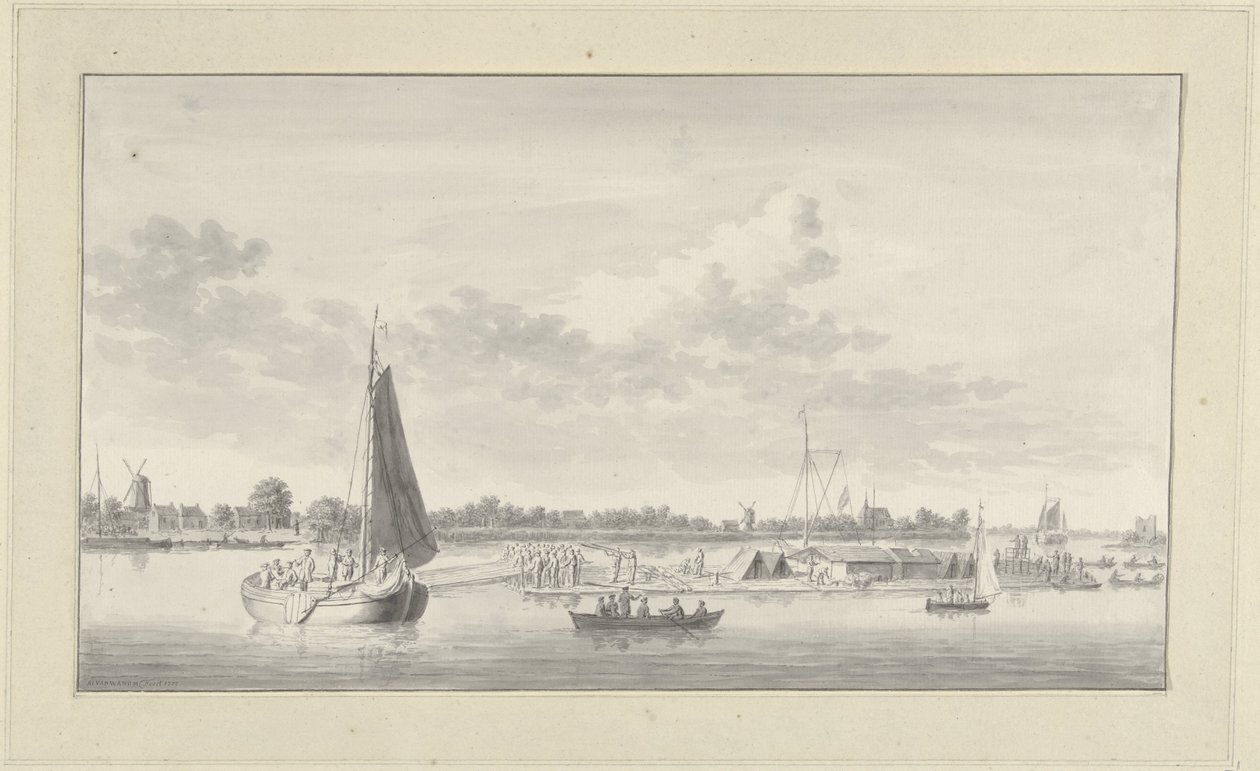 Stor flotte och olika fartyg på Merwede vid huset de Merwe nära Dordrecht av Ary van Wanum