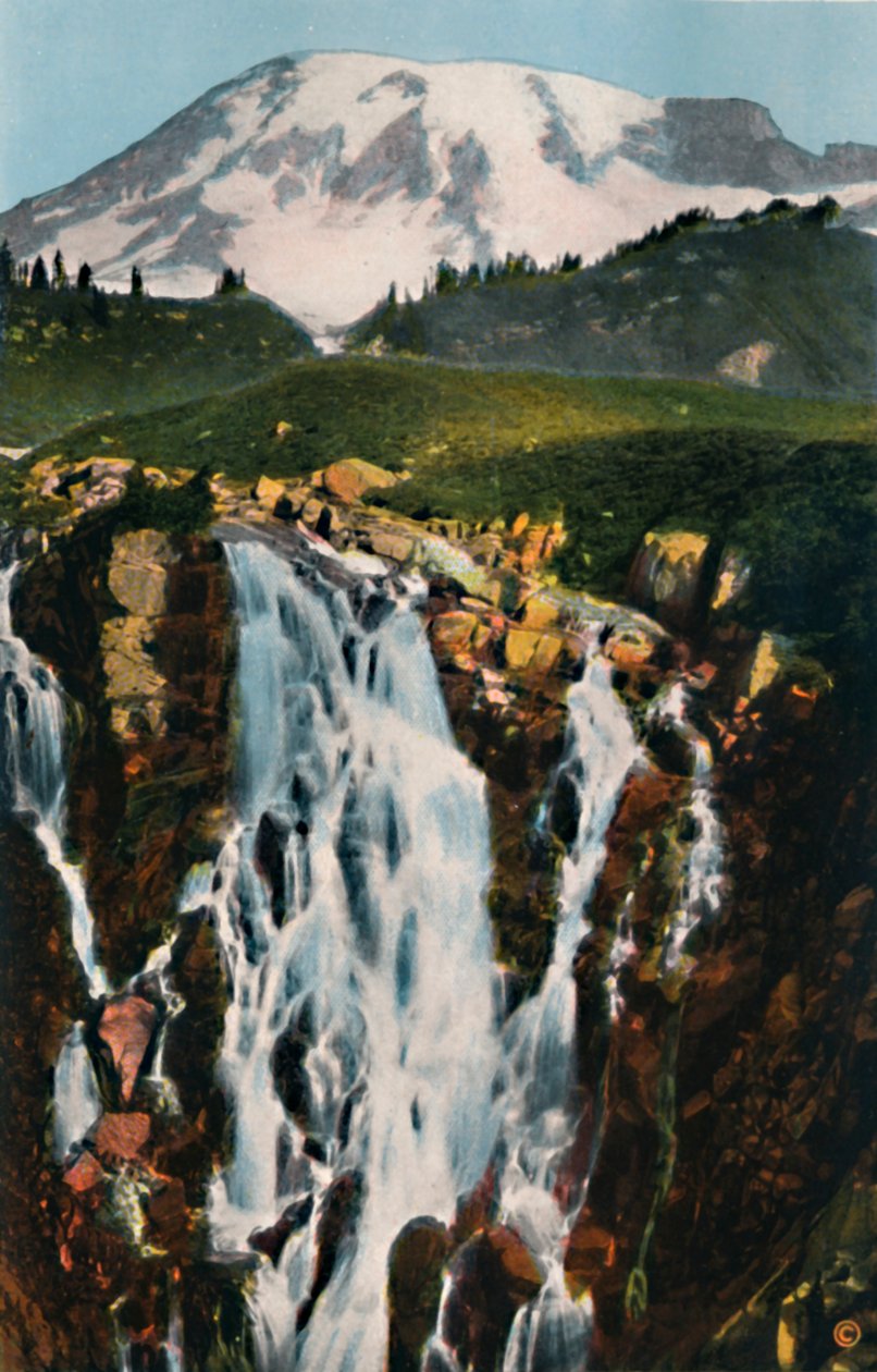 Myrtle Falls och Mount Rainier, c1916 av Asahel Curtis