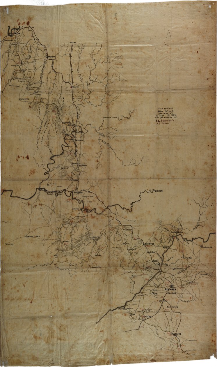 Manuskript inbördeskrigskarta över general Shermans kampanj i Atlanta, c.1864 av Asbury L. and Snell, J.P. Stevens