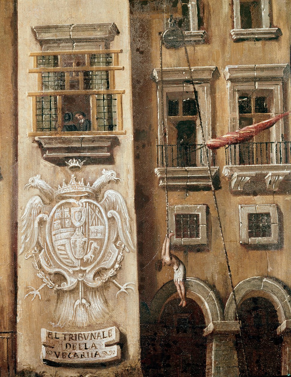 Plats för Vicarias hov i Neapel vid tiden för Masaniellos revolution - Detalj som föreställer en man som hänger framför ingången till palatset - Målning av Ascanio Luciani (ca 1621-1706) Neapel, Museo Nazionale di San Martino av Ascanio Luciani