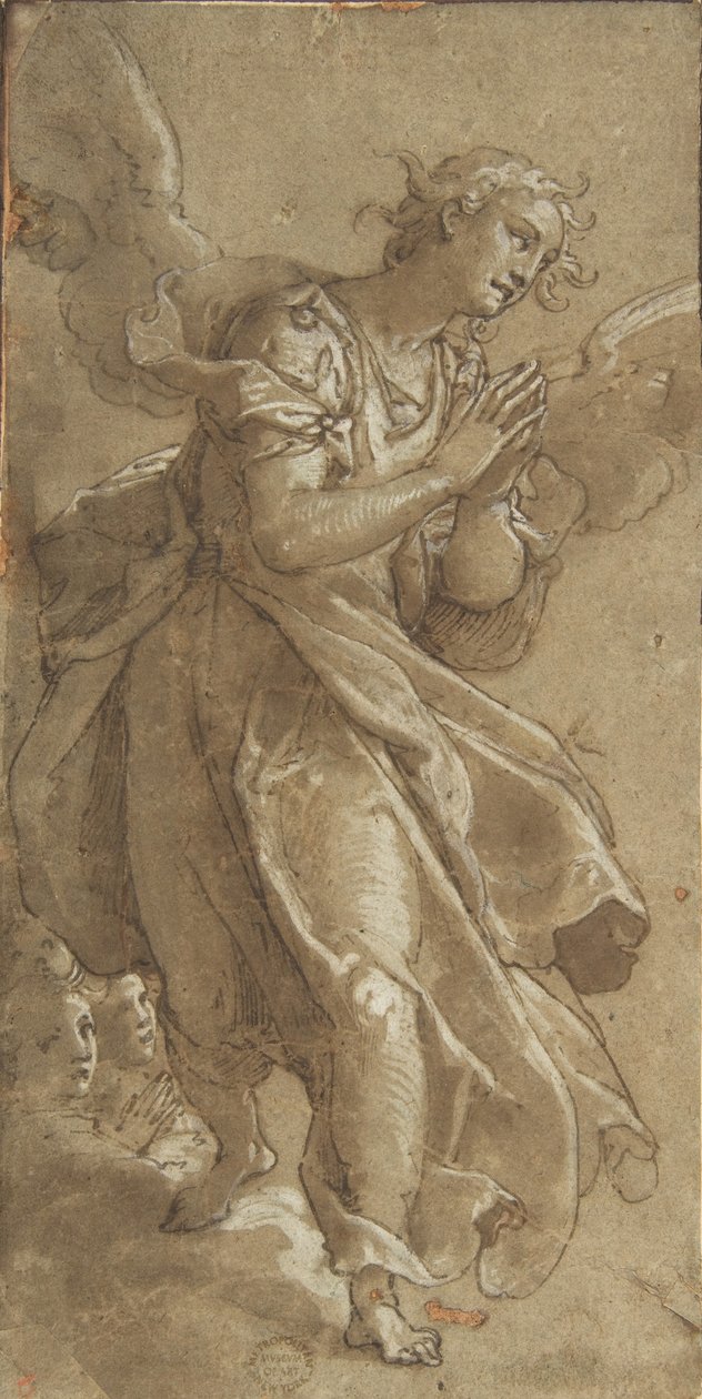 En stående ängel och två keruber, ca. 1566. av Ascribed to Federico Zuccaro.