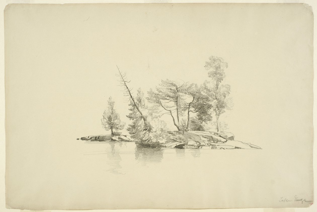 Ö med små träd, Lake George, New York, 1862 (grafit på papper monterad på kort) av Asher Brown Durand