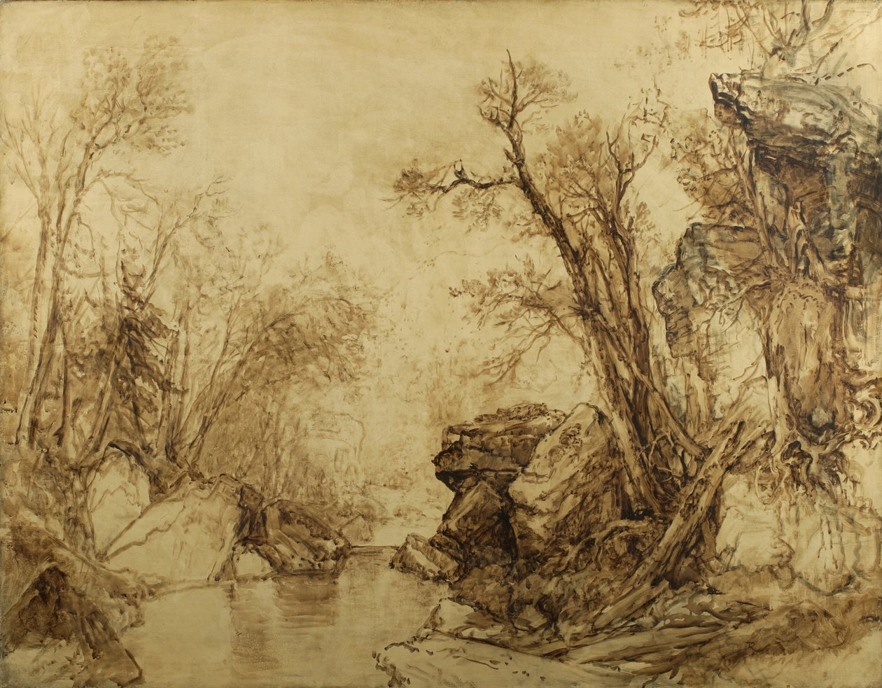 Landskap i sepia: Träd med bäck, 1854 (sepiaolja på duk) av Asher Brown Durand