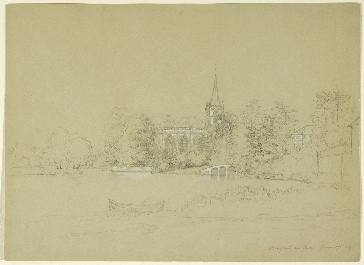 Parish Church, Stratford-on-Avon, England, 1841 (grafit och vit gouache på grått papper) av Asher Brown Durand