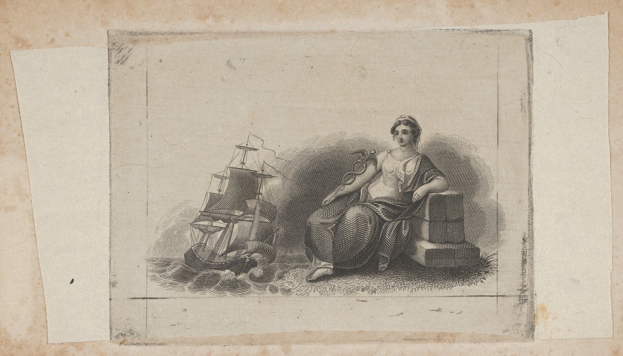 Sedelvinjett med kvinnofigur som representerar marin handel, ca. 1824-37. av Asher Brown Durand.