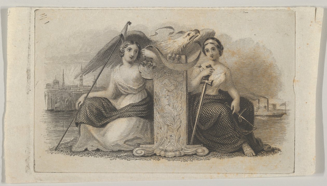 Sedelvinjett med kvinnliga figurer som representerar Liberty and Justice, ca. 1824-37. av Asher Brown Durand.