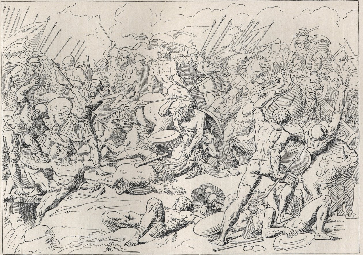 Peloponnesiska kriget: Slaget vid Potidee (La battaglia di Potidea) där den grekiske filosofen Sokrates räddade hans liv i Alcibiade. (Engraving d