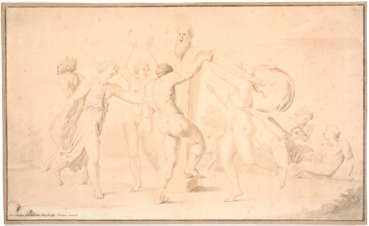 Bakre kanal. En satyr, en hind och tre hindar dansar om Priapsherme av Asmus Jacob Carstens