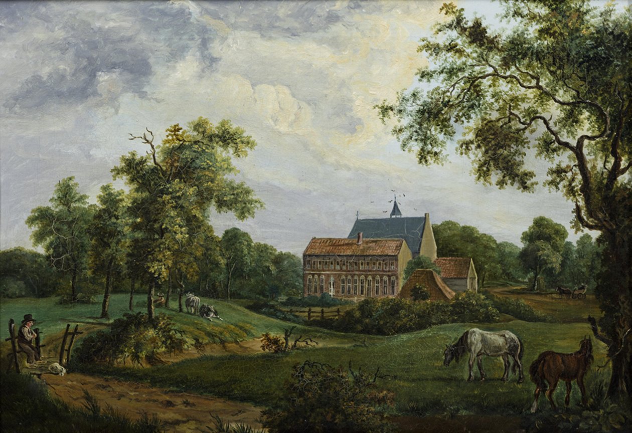 Klooster Ter Apel met de oorspronkelijke bovenverdieping op de Noordvleugel, een jaar voor de afbraak in 1834 av Assuerus Quaestius