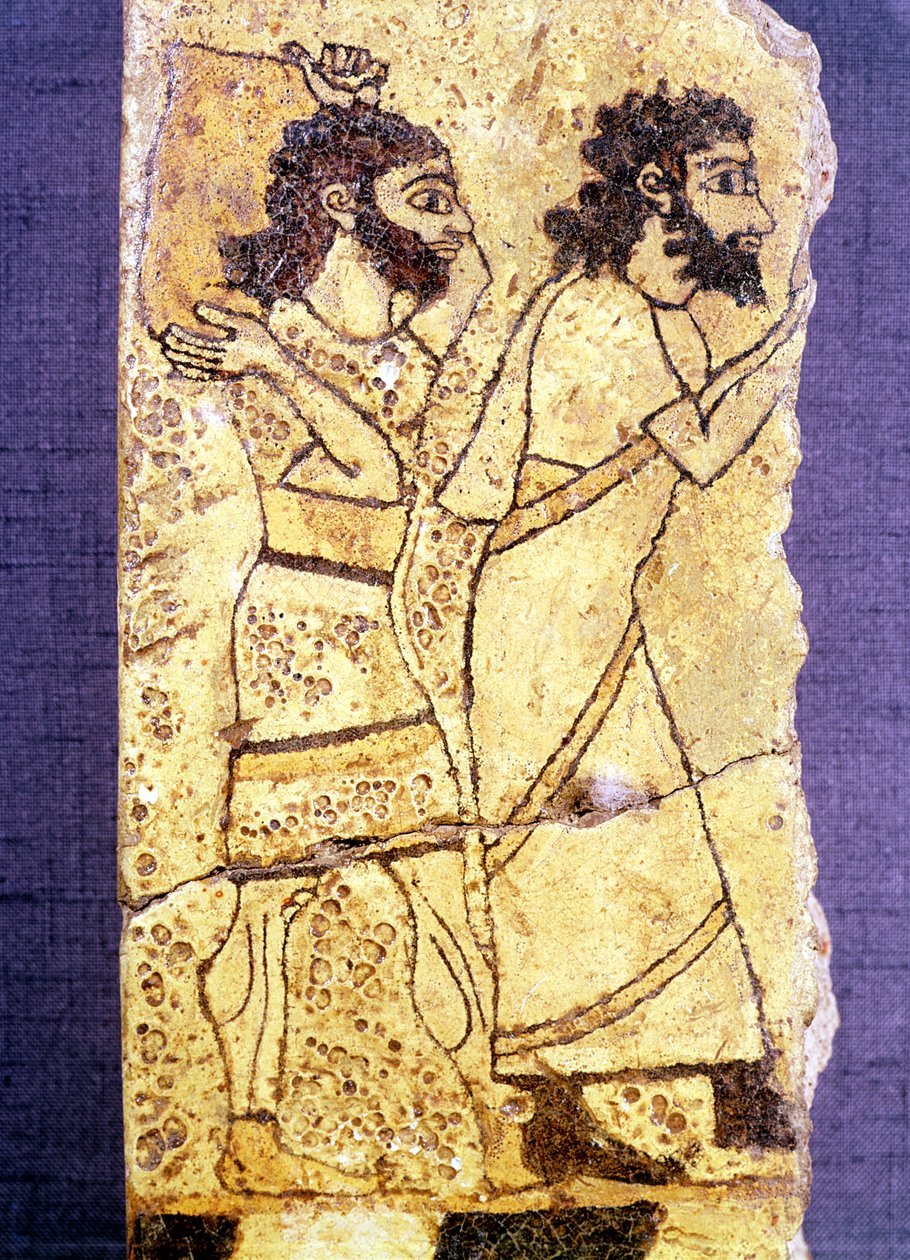 Fragment av en plakett föreställande två män som går, från Nineve (målad sten) av Assyrian