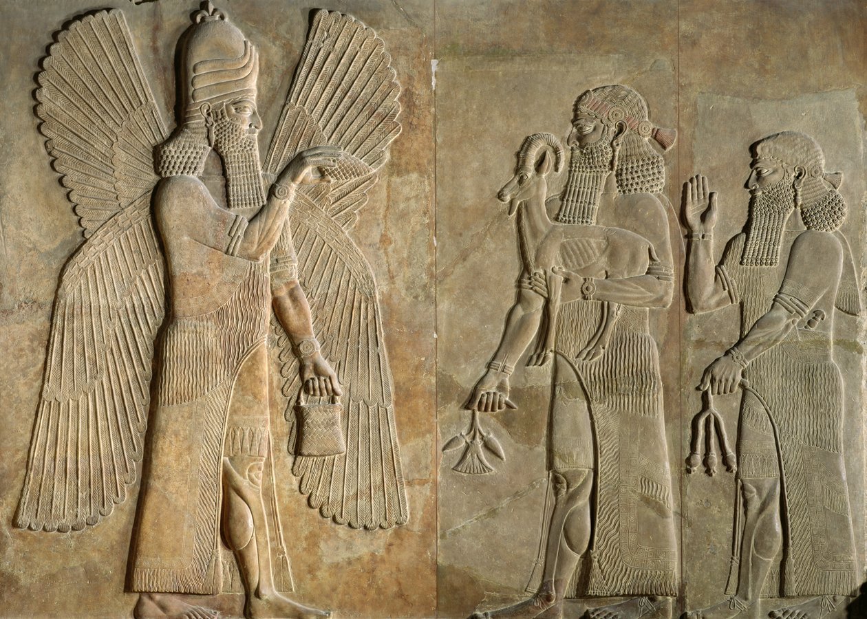 Fris som visar en bevingad ande, en sargon eller präst som bär en gasell och en tillbedjare som bär en vallmostam, från Palace of Sargon I, Khorsabad, Irak av Assyrian