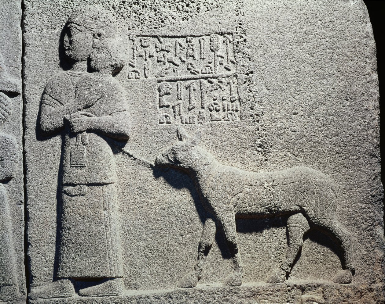 Drottning eller våtsköterska som bär Tuwarsais, den yngste sonen till kung Araras, Carchemish, Neo-Hittite (basalt) av Assyrian