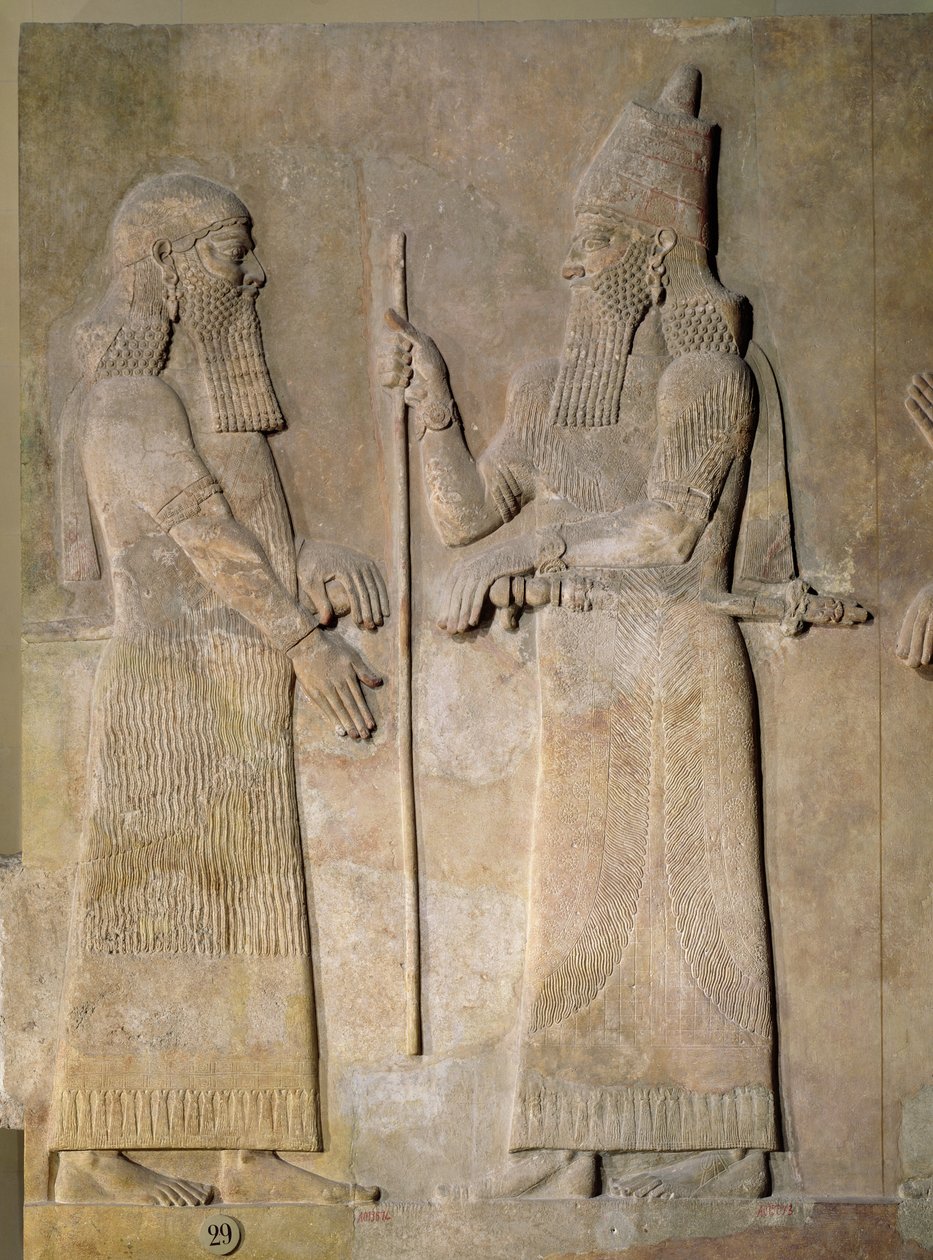 Relief föreställande Sargon II (721-705 f.Kr.) och en vesir, från Palace of Sargon II i Khorsabad, Irak (gips) av Assyrian