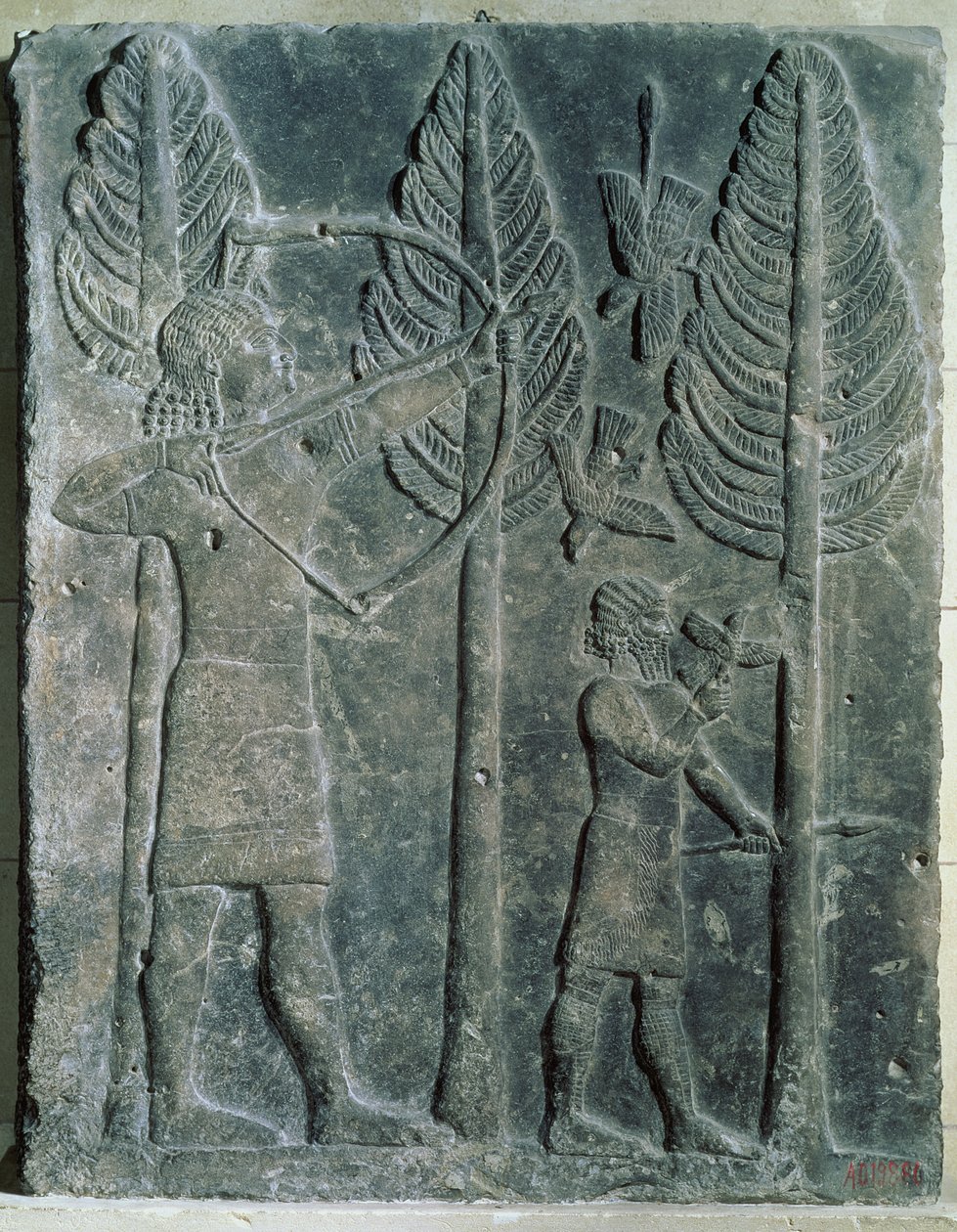 Relief som visar jakten på fåglar i skogen, från Palace of Sargon II i Khorsabad, Irak (gips) av Assyrian